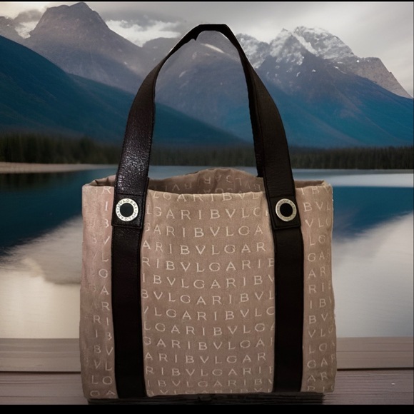 Bvlgari Logo Mania Beige Canvas Brown Leather Tote - Picture 4 of 11